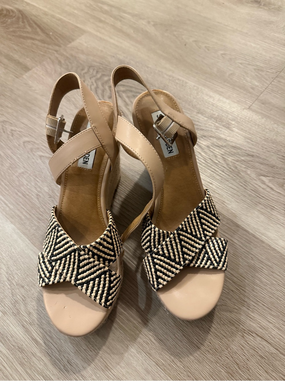 Steve Madden Nude Wedge Sandals with Black & Cream Beaded Straps